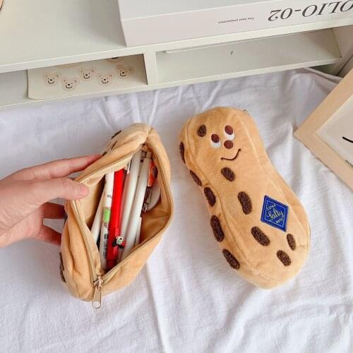 Peanut Pencil Case Student Stationery Bag Flannel Embroidery Pen Box Holder Girls Cosmetic Case Cute Large Capacity Makeup Pouch