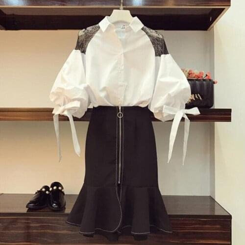 Cyanlee 2 Piece Set Skirt Suit Summer Women 's Lace Patchwork Batwing Sleeve Shirt Blouse Black High Waist Fishtail Skirt