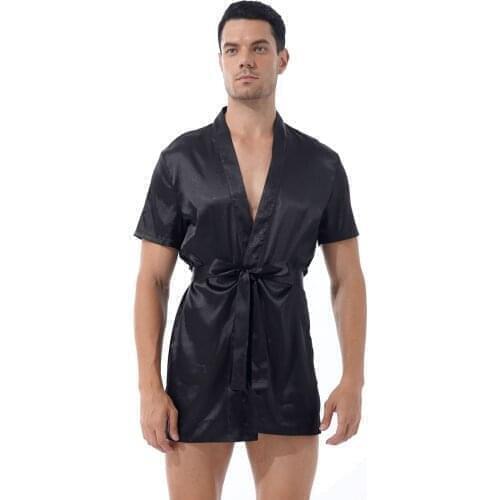 Men Short Sleeve Night-robe See-through Floral Lace Patchwork Sleepwear Nightwear with Belt Sissy Lingerie Babydolls Costumes