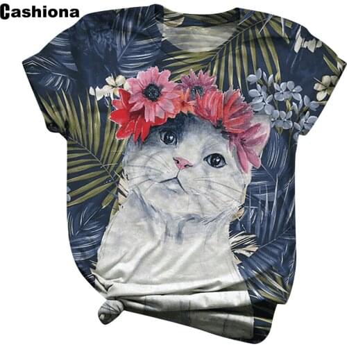 Fashion Top Women Elegant Casual Leisure Basic Clothing 2021 Summer New Art Cat Print T shirt Loose Tees Shirt femme oversize