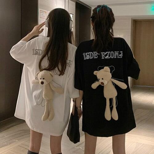 Harajuku Cute O-Neck Loose Couples Tees 3D Decor Bear Toys T-shirts Dress Oversize Crop Tops Short-sleeved Summer 2020 Tshirts