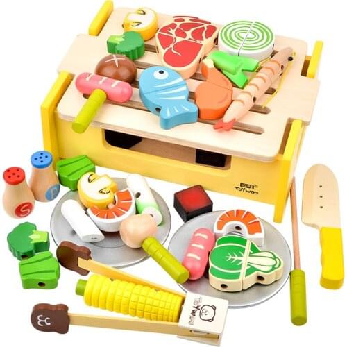 Toy Woo Kids Wooden Barbecue Grill Pretend Play Sets Childrens Toaster Boys and Girls Simulated Kitchen BBQ Toys