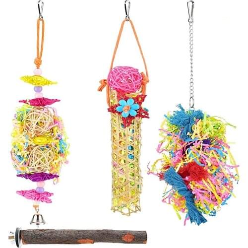 4PC Bird Parrot Toy, Gnawing Paper Shredder Hanging Toy Bird Wooden Station, Suitable for Small and Medium Pet Birds