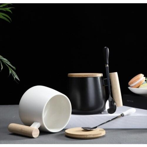 Wooden Handle Ceramic Mug Home Office Tea Milk Coffee Cup with Lid and Stainless Steel Spoon 400-500ml Drink Ware Teacup