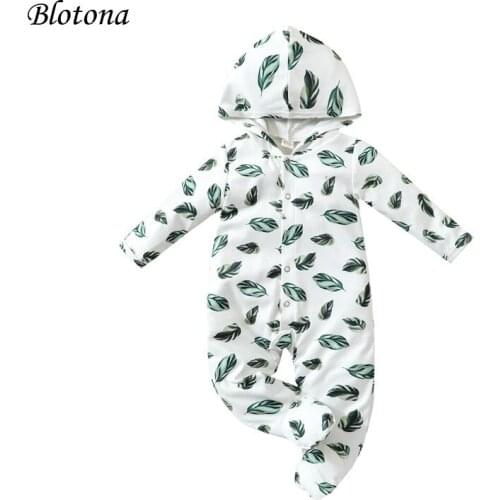 Blotona New Baby Casual Long Sleeve Footed Jumpsuit Fashion Leaves Print Button down Hooded Romper for Spring Fall, 0-12Months