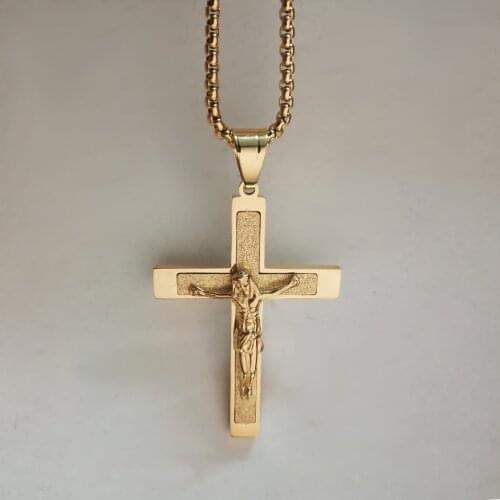 Christian Gold Color Big Jesus Cross Pendant Necklace For Men Women Gift Stainless Steel Crucifix Religious Jewelry Dropshipping