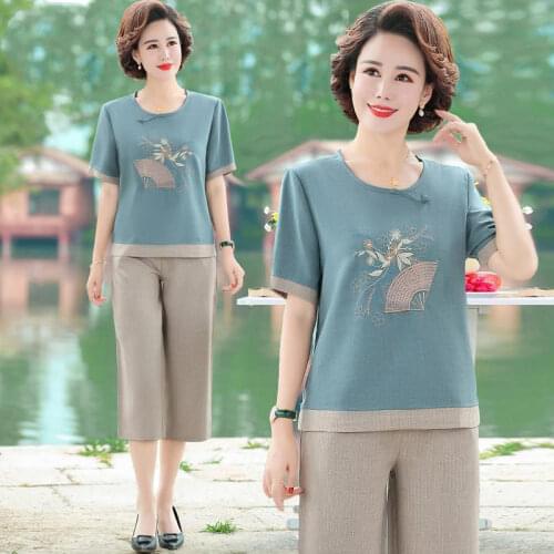 Summer Middle-aged Women Pink Blue 2 Piece Sets Womens Outfits Top + Pants Suits Cotton Linen Breathable Tracksuit Clothing Y878