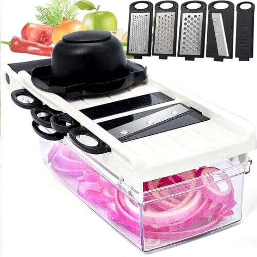 LHS Mandalin Slicer with Container Multifunctional 5 Types Steel Blade Vegetable Dicer Fruit Cut Shredder Grater Manual Peeler