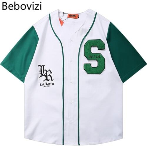 Bebovizi Baseball Shirt Men Fashion Mens Letter Embroidery Shirts Casual Street Patchwork Tops Summer Hip Hop Streetwear Loose
