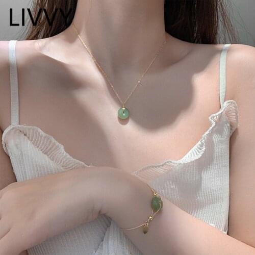 LIVVY Fashion Round Circle Stone Neckace For Women Girls Gold Color Chain Birthday Party Jewelry Gifts