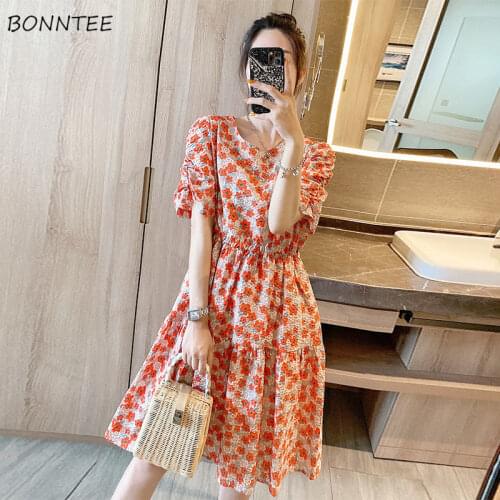 Short Sleeve Dresses Women O-Neck Floral Mini Korean Sweet Style Lovely Vintage Female Summer Beach Casual Stylish Slim Vestdos