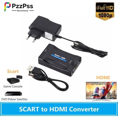 PzzPss 1080P SCART To HDMI Converter Video Audio Upscale Converter Adapter for HD TV DVD for Sky Box STB Plug and Play DC Cable