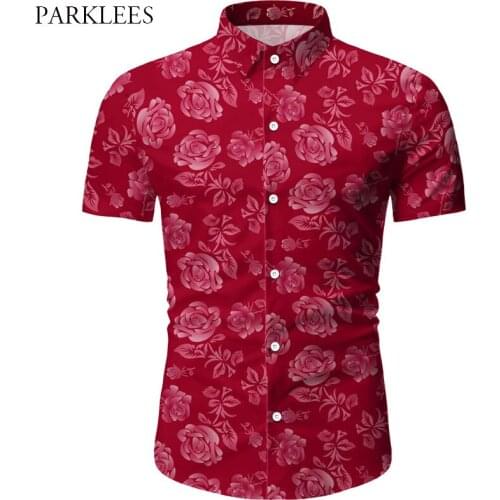 Rose Floral Printed Men Summer Dress Shirt Casual Slim Fit Mens Short Sleeve Shirts Button Up Chemise Homme Daily Men Clothing