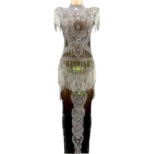 Silver Crystays Fringes Black Mesh Transparent Long Dress Evening Birthday Celebrate Luxurious Costume Stretch Flashing Dress