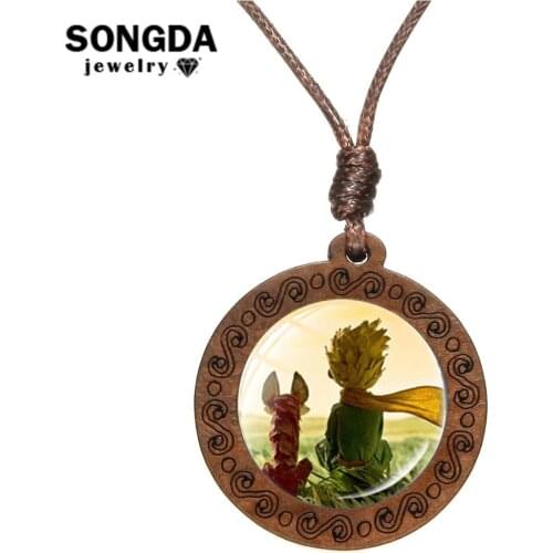 SONGDA Classical Le Petit Prince Necklace Little Prince Fox Rose Photo Glass Cabochon Carved Wood Pendant Necklace Kids Jewelry
