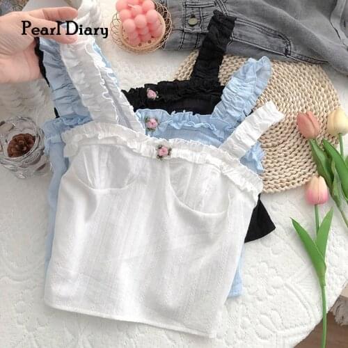 Pearl Diary Women Cotton Swiss Dot Top Summer Flower Applique Crop Tank Top Femme Frilled Short Bustier Top Textured Smocked Top