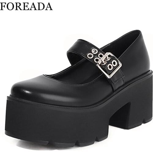 FOREADA Mary Janes Gothic Shoes Patent Leather Platform Block High Heels Shoes Round Toe Belt Buckle Footwear Female Purple 43