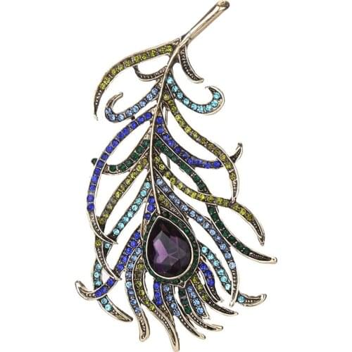 Vintage Feather Bronze Brooch Pin Antique Women Brooch Pin Gold Plating Arabesque Rhinestone Turkish Brooch Lapel Scarf Broches