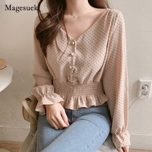 Vintage Women V-neck Flare Sleeve Polka Dot Blouse Shirts Elegant Front Buttons Slim Waist Ruffles Female Blouse New Blusas 6602