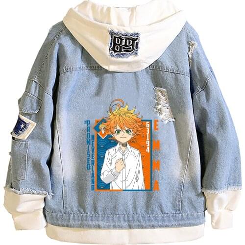 The Promised Neverland Anime Jeans Hoodies Fake Two Pieces Denim Jackets Cartoon Streetwear Harajuku Women Sweatshirt