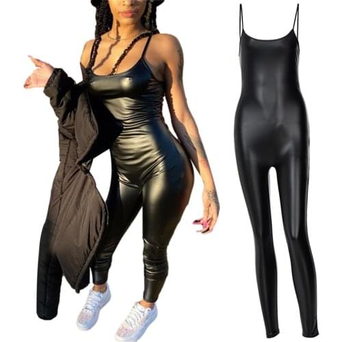 Women Close-fitting Jumpsuit, Black Solid Color U-shaped Collar Sleeveless O ne-piece PU leather suspender pants