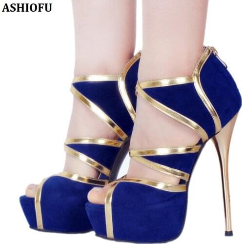 ASHIOFU New Handmade Womens High Heel Sandals Peep-toe Bling-straps Sexy Sandals Platform Stiletto Fashion Evening Shoes