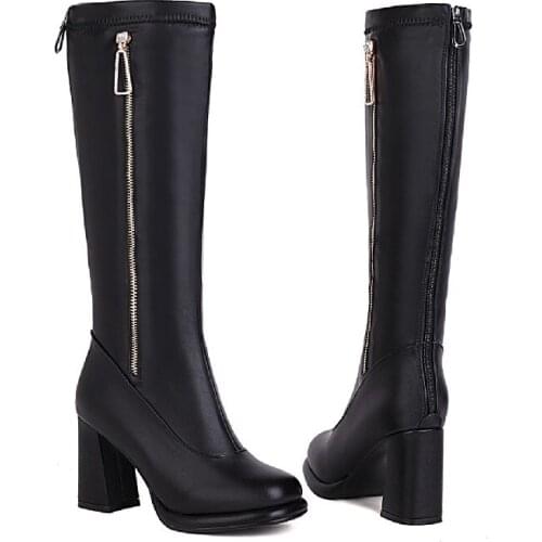 Women Knee High Boots Soft Pu Leather Flat Fashion Knee Winter Boots Comfortable Warm Fur Woman Long Boots Shoes Plus Size 43