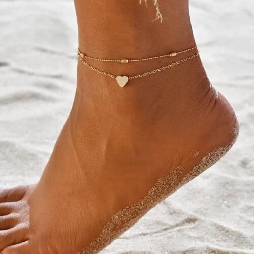 Cross-border Summer Beach New Ball Bead Chain Heart-shaped Anklet Gold Suit, Silver Color Suit Women Trendy Iron Alloy