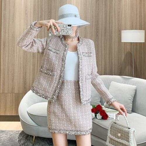 High Quality Autumn Woolen Tweed Two Piece Set Women Fashion Beading Tassel Trims Jacket Coat and Bodycon Skirt Office Outfits