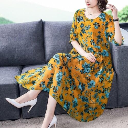 2021 Summer High Quality Mulberry Silk Midi Dress Vintage 4XL Plus Size Yellow Print Runway Dress Elegant Women Bodycon Vestidos