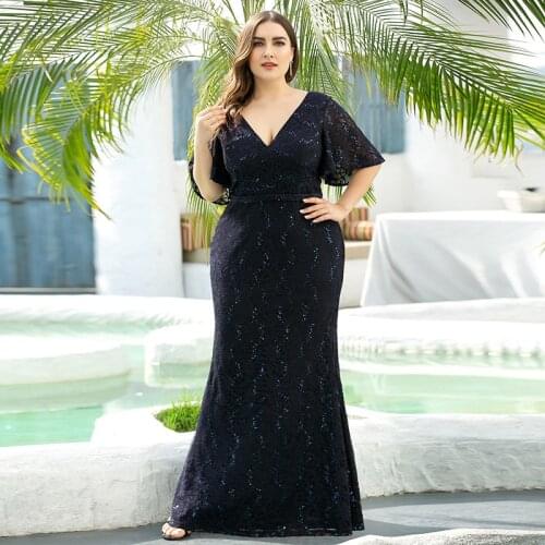 Plus Size V-neck Evening Dresses Flounced Sleeves Mermaid Evening Dresses Sequin Party Dresses Formal Dresses Evening Gown