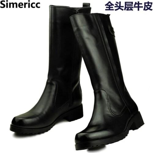 Winter Full Cowhide Mens Leather Long Tube Straight Zipper Warm Wool Parade Boots High Tube Knight Riding Boots