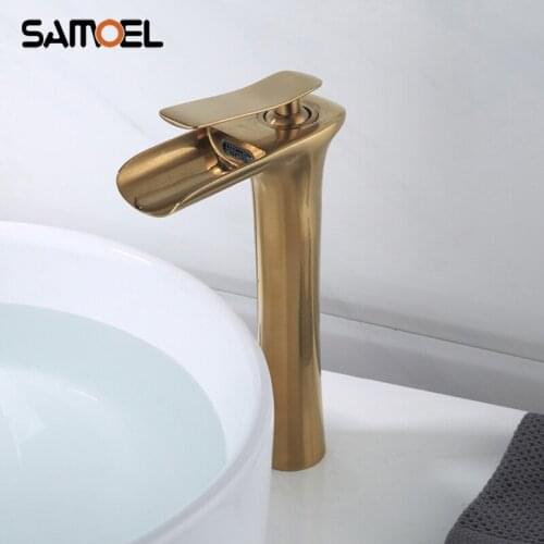New Style Golden Brushed Waterfall Bathroom Sink Faucet Deck Mounted Single Handle Brass Basin Mixer Tap G1115