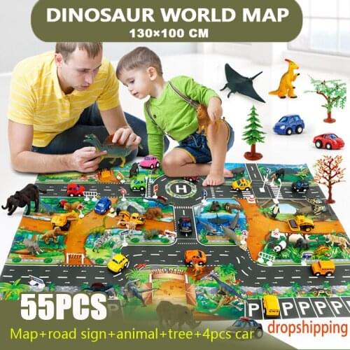 1Set Dinosaur World Map Interactive Childrens Playhouse Toys Toy Car Model Game Mat traffic signpost dinosaur map tree car