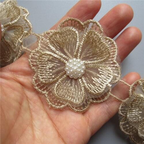 10x Gold Pearl Beaded Flower Embroidered Lace Trim Ribbon Fabric Patchwork Sewing Supplies Craft For Dress Clothes Decoration