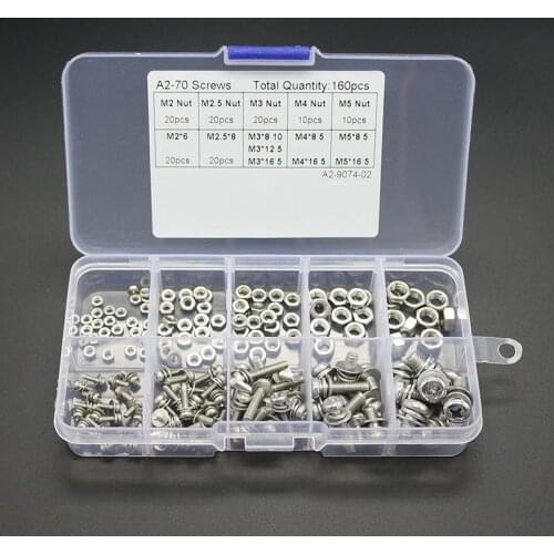160 pcs/set 304 Stainless Steel Screws Cross Head Screws Bolts Nuts Kit Assortment M2 M2.5 M3 M4 M5 Widely Use