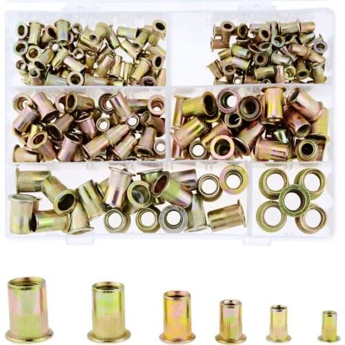 210PCS/Box Carbon Steel Rivet Nuts Carbon Steel M4 M5 M6 M8 M10 M12 Flat Head Rivet Nuts Set Hardware Parts