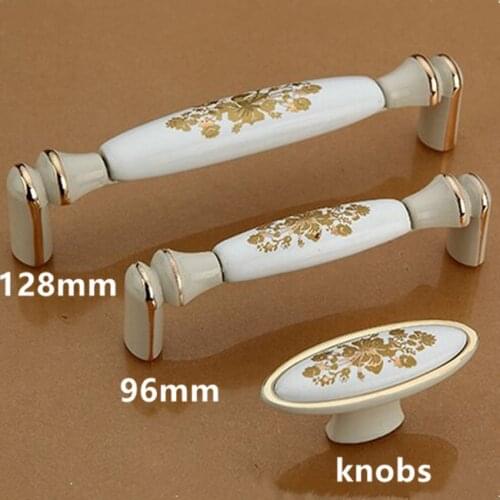 5" ivory white dresser kitchen cabinet doorhandles 3.75" golden flower ceramic drawer cupboard knob pull modern furniture 128mm