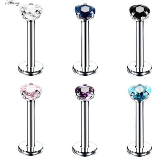 Alisouy 1Pc Titanium Steel Lip Piercings Tragus Piercing Silver color Heart Zircon Tragus Labret Ring Ear Stud lip Body Jewelry