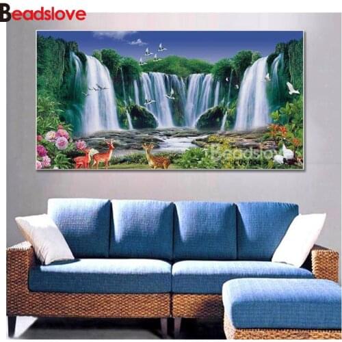 Waterfall landscape pictures mosaic deers and birds diamond embroidery beads DIY 5D Full round diamond mosaic sale large size