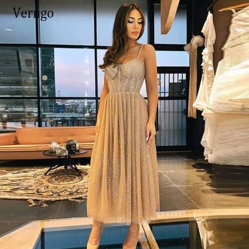 Verngo Glitter Champagne A Line Short Evening Dresses With Boning Top Spaghetti Straps Sparkly Tea Length Formal Party Gowns