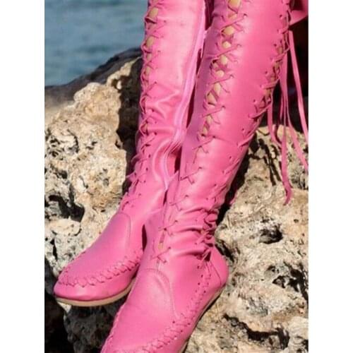 Pink Leather Flat Knee High Boot Round Toe Lace-up Soft Leather Tight High Boots Leisure Style Strap High Boot