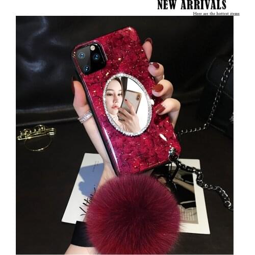 Fashion Diamond Mirror Bling Glitter Case Cover With Fur Ball Pendant Hand Chain For Iphone 11 Pro Max XS Max XR X 8 7 6 6S Plus