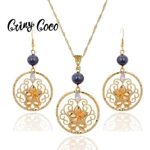 Cring Coco Guam Jewelry Sets Gold Pated Hawaiian Flower Pendant Drop Earrings and Necklace Set Fashion Wholesale for Women Gifts