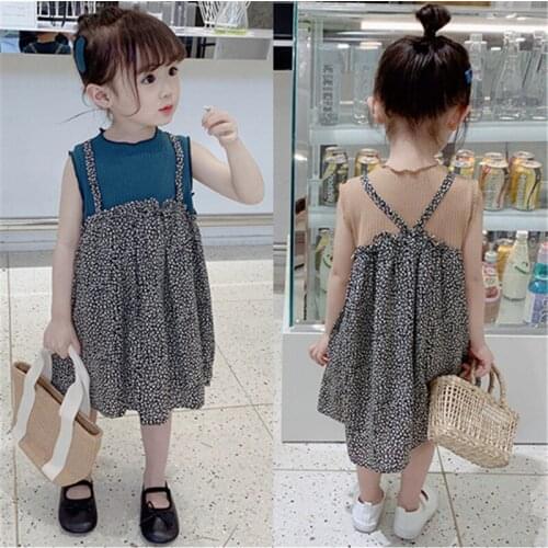 Girl Fake Two Pieces Flower Princess Dresses 2019 Summer New Children Sleeveless Cotton Vest Casual Dresses for 3-8 Years Kids