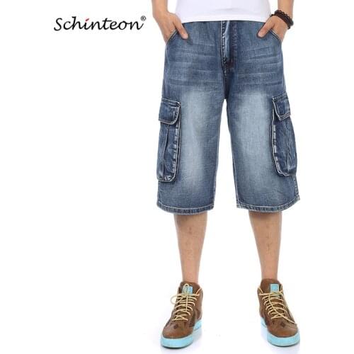 Schinteon Summer Men Knee Length Shorts Demin Middle Pants Loose Pockets Baggy Streetwear Big Size 46 48 New Arrival