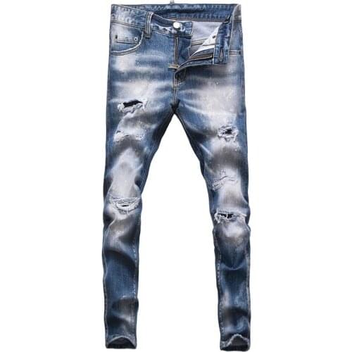 European Street Fashion Men Jeans Retro Light Blue Elastic Slim Fit Ripped Jeans Plain Wash Destroyed Patchwork Denim Punk Pants