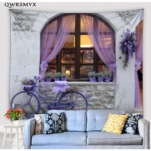 Purple Gauze Curtain Bicycle Outside The Window Tapestry Wall Hanging Home Living Room Bedroom Dorm Decor Art Wall Tapestries