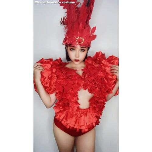 Red Flowers Sexy Nude Bodysuit Fan Stage Leotard Nightclub Bar Female Singer Show Performance Clothes Dance Costume Party Outfit