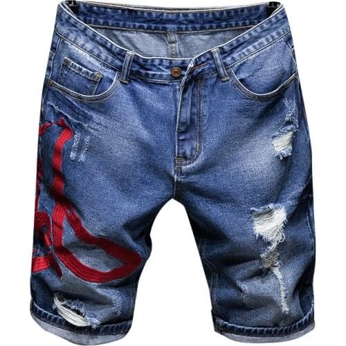 New Mens male fashion casual Chinese embroidered ripped shorts Summer holes ripped knee length straight denim jeans